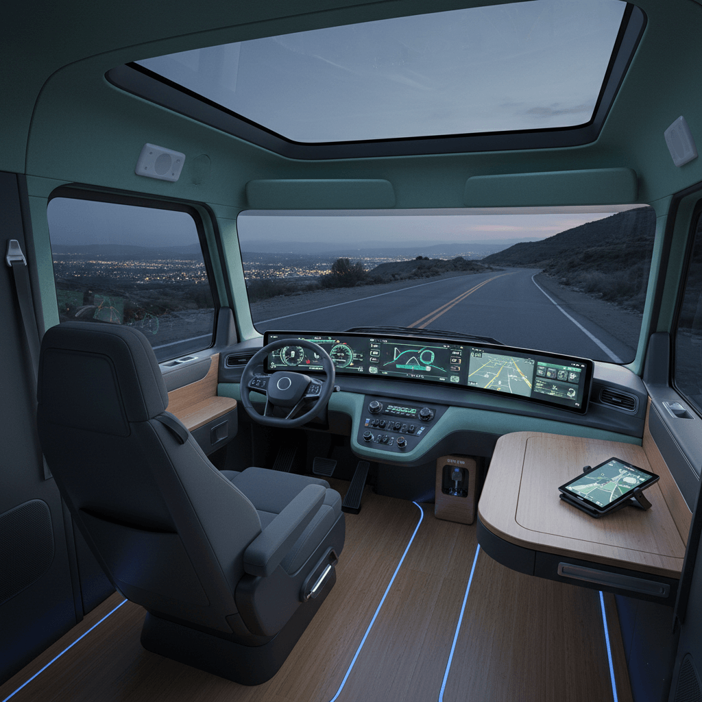 Modern truck cabin with digital devices