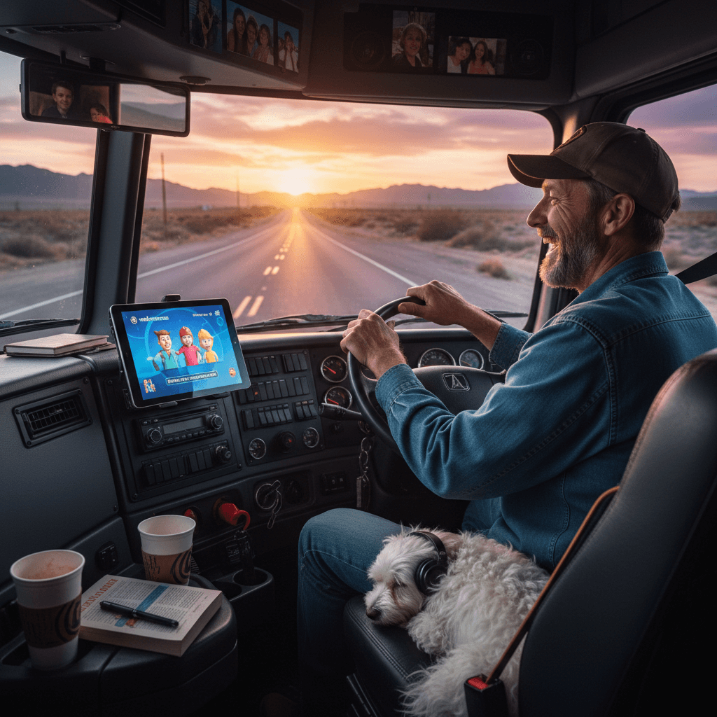 Truck driver resting in the cabin watching a tablet during a break in 2026